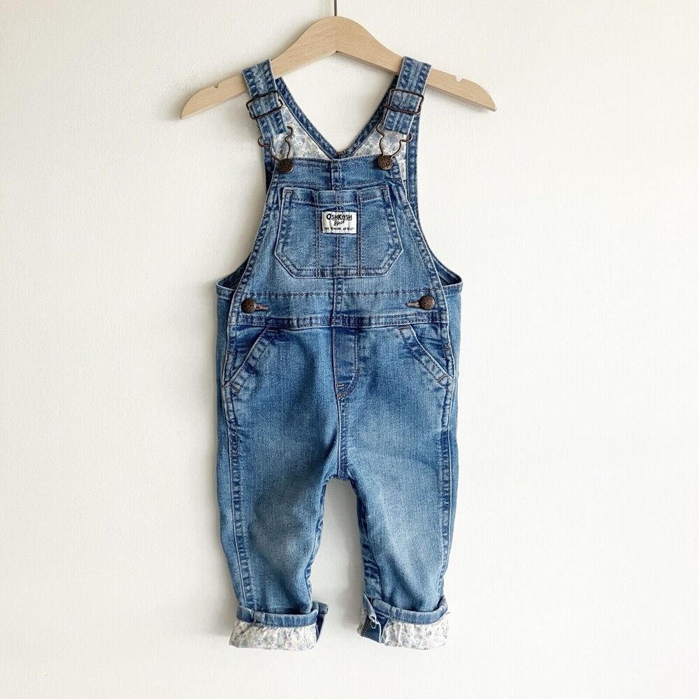 OshKosh Bgosh Girls Size 12M Vestbak Denim Overalls Floral Print Cuff Blue Jean